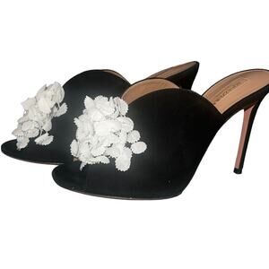 Aquazzura Heels Women’s7.5(38) Black Suede Lily Of The Valley Mules White Floral